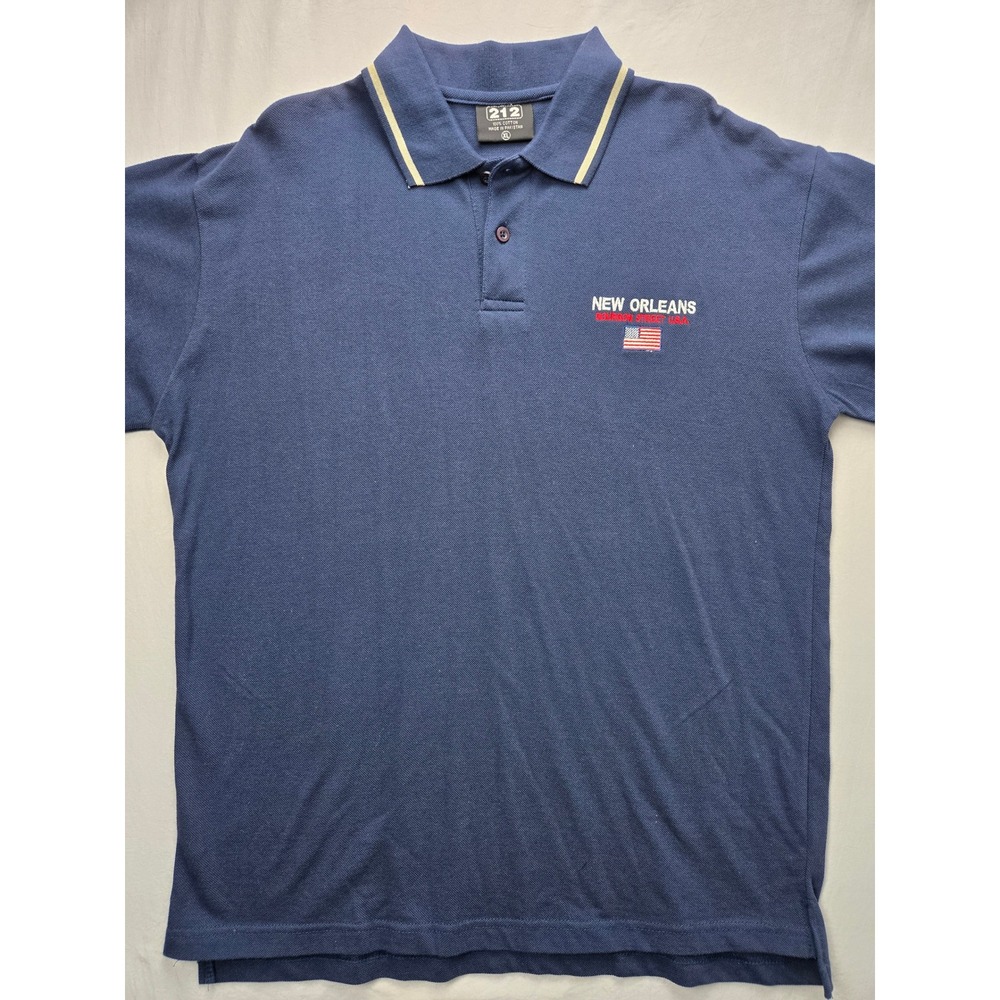212‎ New Orleans Bourbon Street Polo Shirt Mens XL Navy Blue Cotton USA Flag